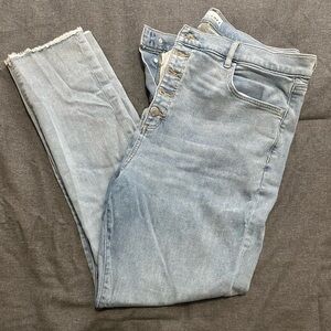 LOFT Super Soft Light Wash Button-Up Skinny Jeans with Frayed Cuffs